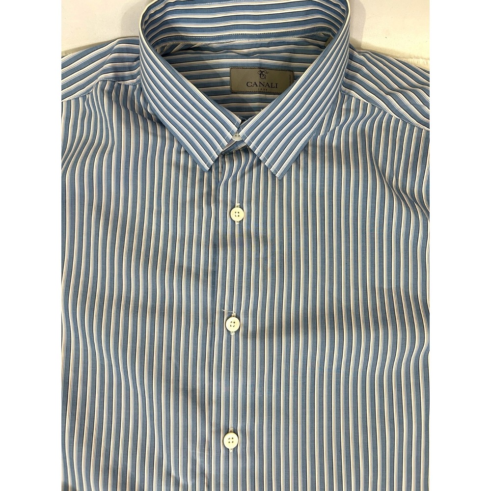 Canali 1934 CURRENT Blue White Stripe Spread Collar Dress Shirt Size 15.5/34
